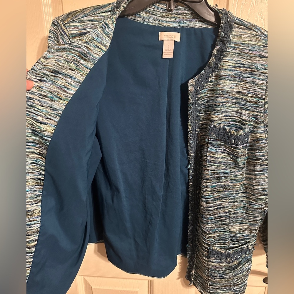 Chico’s Knit Fringe Ronique Open Front Jacket, Blue/Green, Size 1/M - Picture 5 of 5